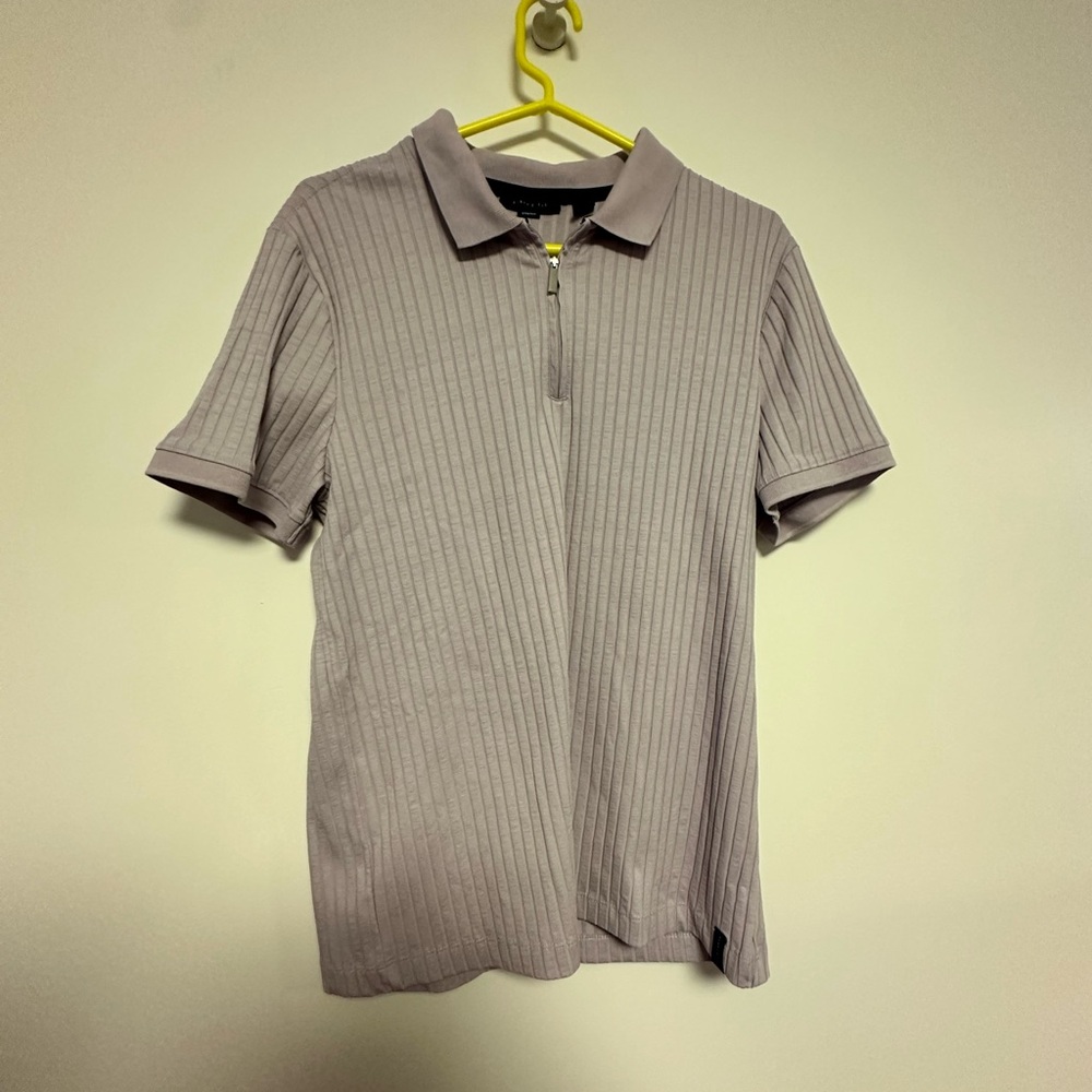 Perry Ellis Gray Ribbed Polo Tee with Cuffed Sleeves